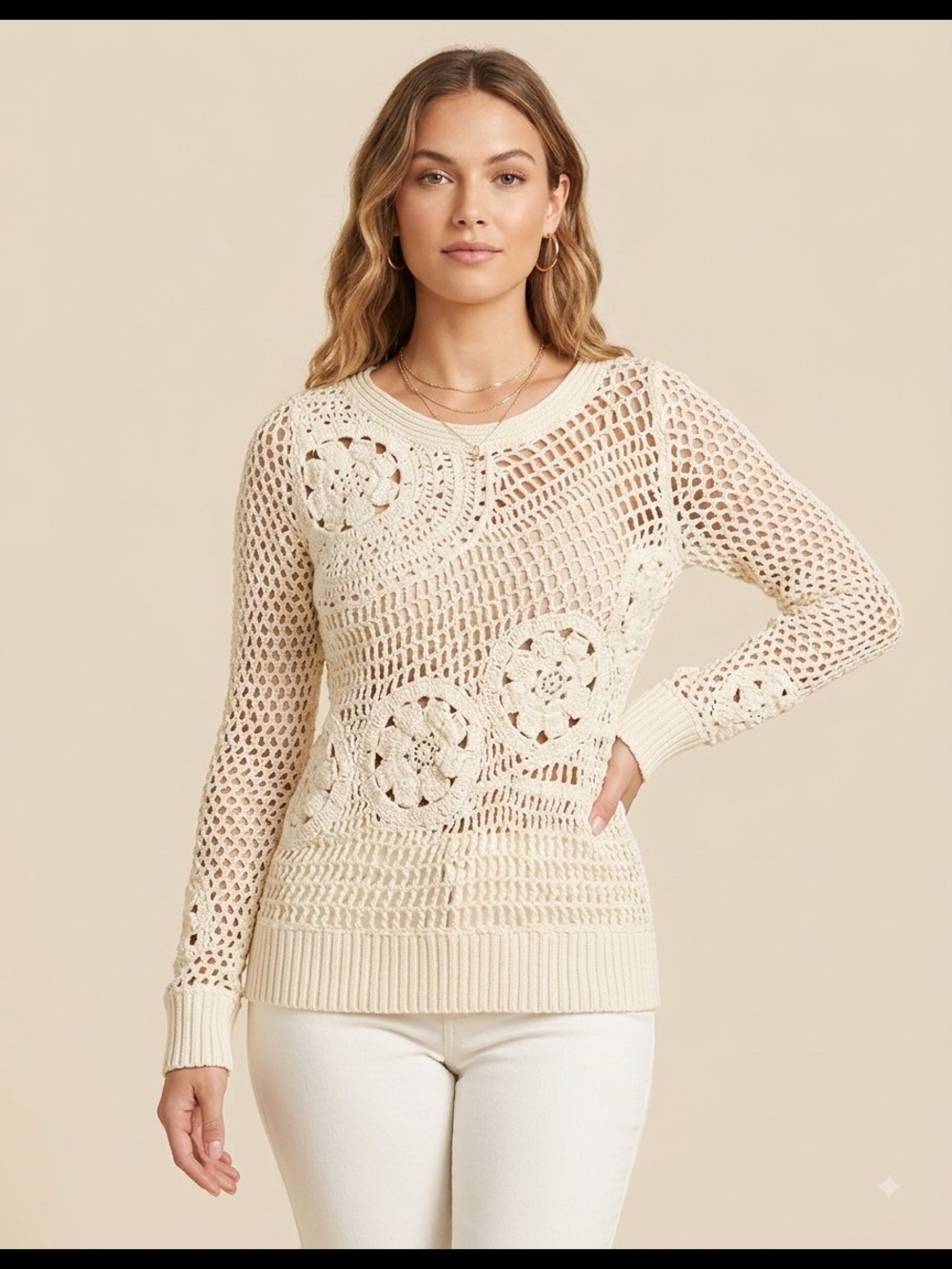 Tommy Bahama Crochet Open-Knit Crewneck Sweater in Cream